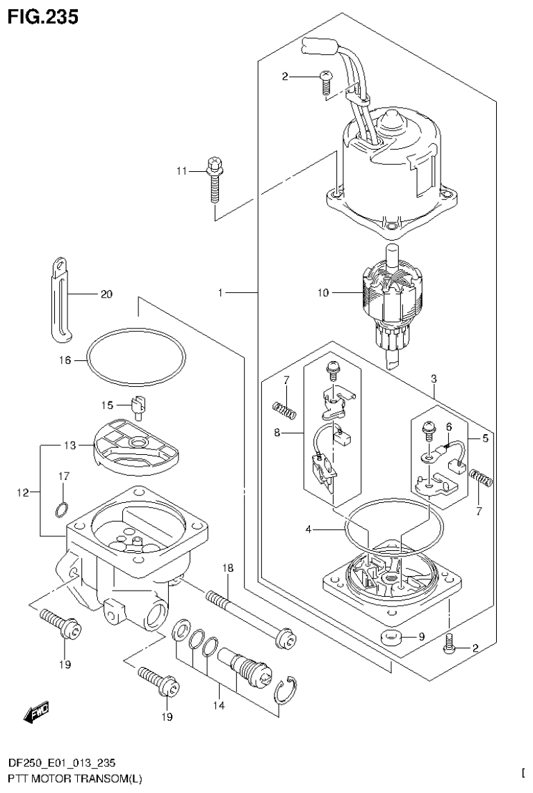 Suzuki DF200T, DF200Z, DF225T, DF225Z, DF250T, DF250Z PTT MOTOR TRANSOM(L) (DF200T E1) parts diagram